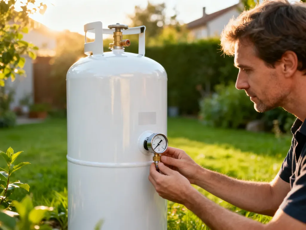 Mężczyzna sprawdza ciśnienie na nowoczesnym, białym zbiorniku na gaz LPG ustawionym w przydomowym ogrodzie.